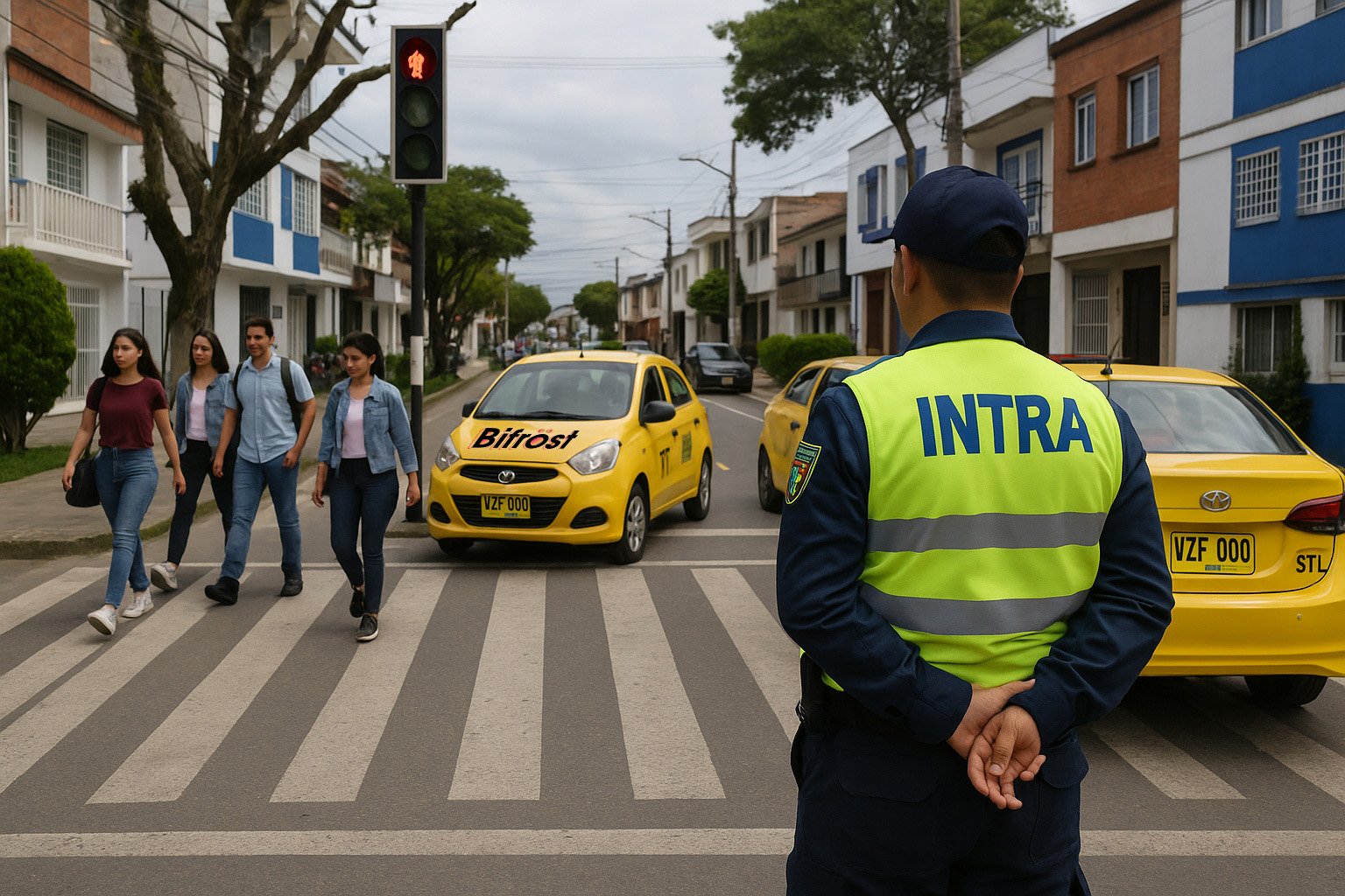 Taxi Bifrost detenido junto a un agente de tránsito en Pitalito.