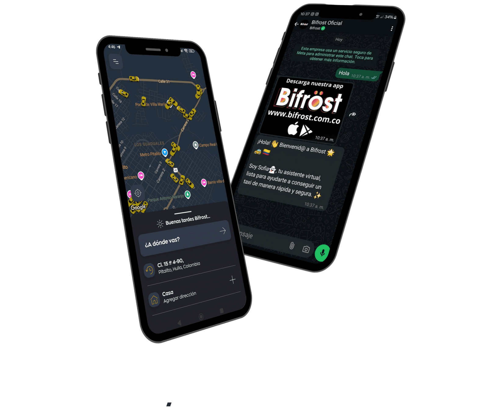 Imagen que muestra cómo pedir un taxi en Pitalito usando la app de TaxiPitalito o el chatbot por WhatsApp de Bifrost.