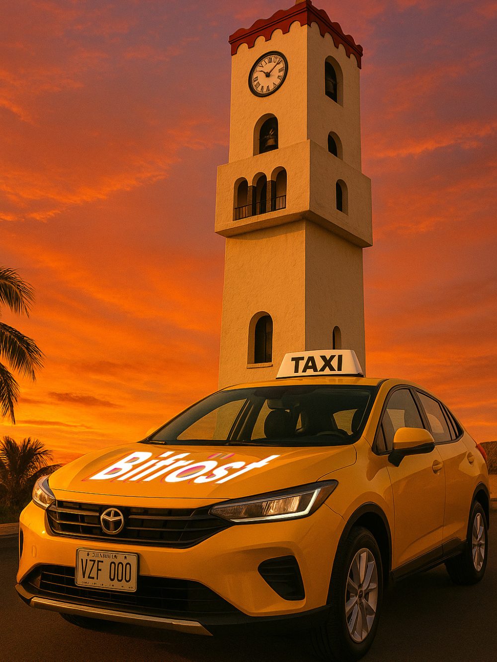 Taxi de Bifrost frente a la Alcaldía de Pitalito, simbolizando modernización del transporte urbano mediante app y WhatsApp.