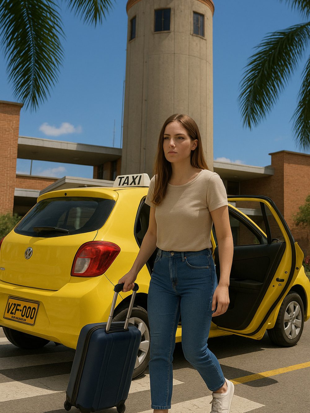 Turista descendiendo de un taxi en la Terminal de Transporte de Pitalito con una maleta de viaje.